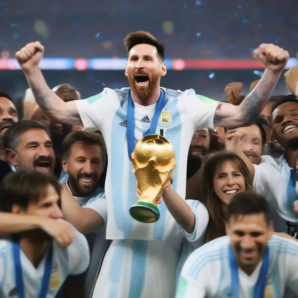 Hình ảnh Lionel Messi nâng cao cúp vô địch World Cup 2022