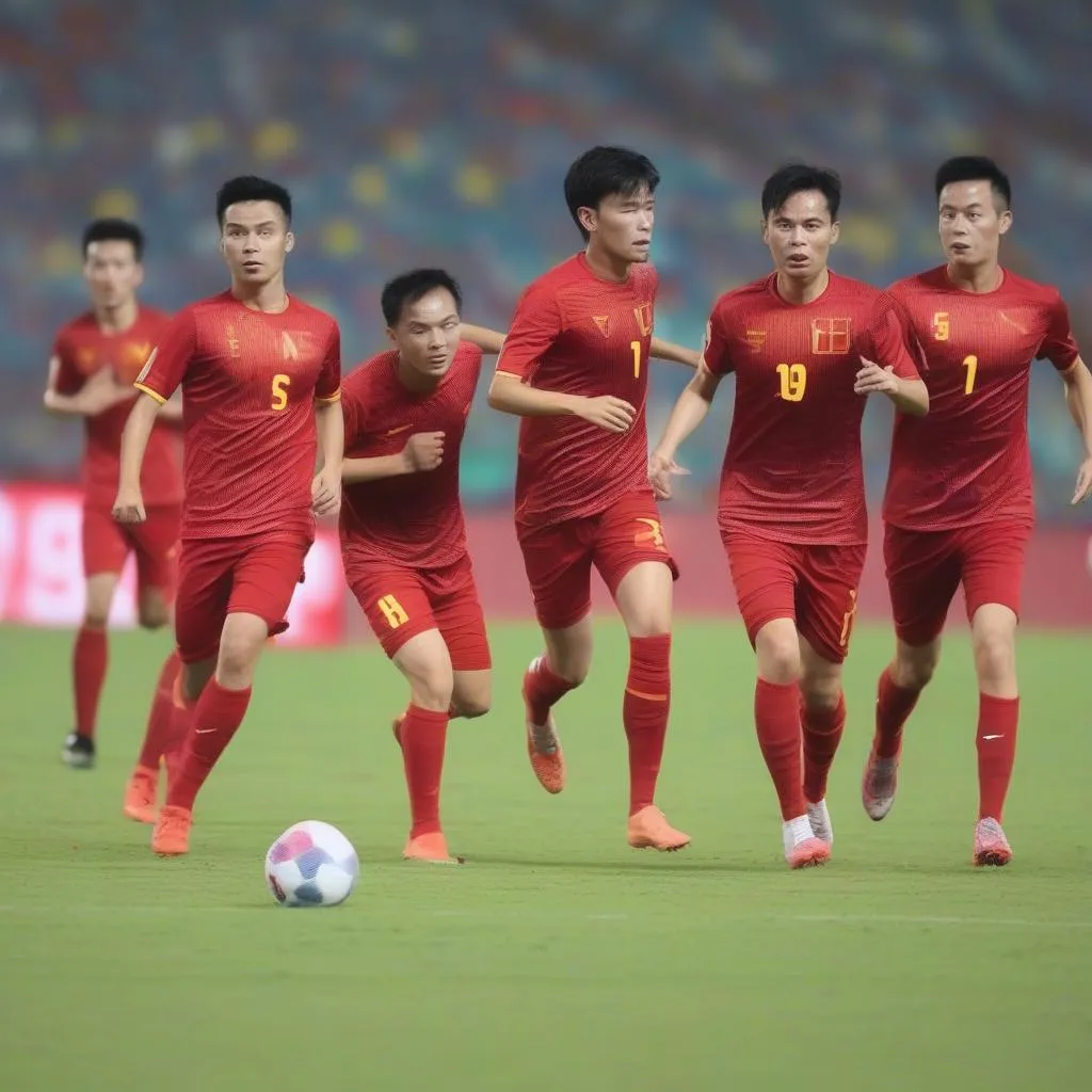 Cầu thủ Việt Nam thi đấu quả cảm trước Thái Lan tại Asiad Cup 2022