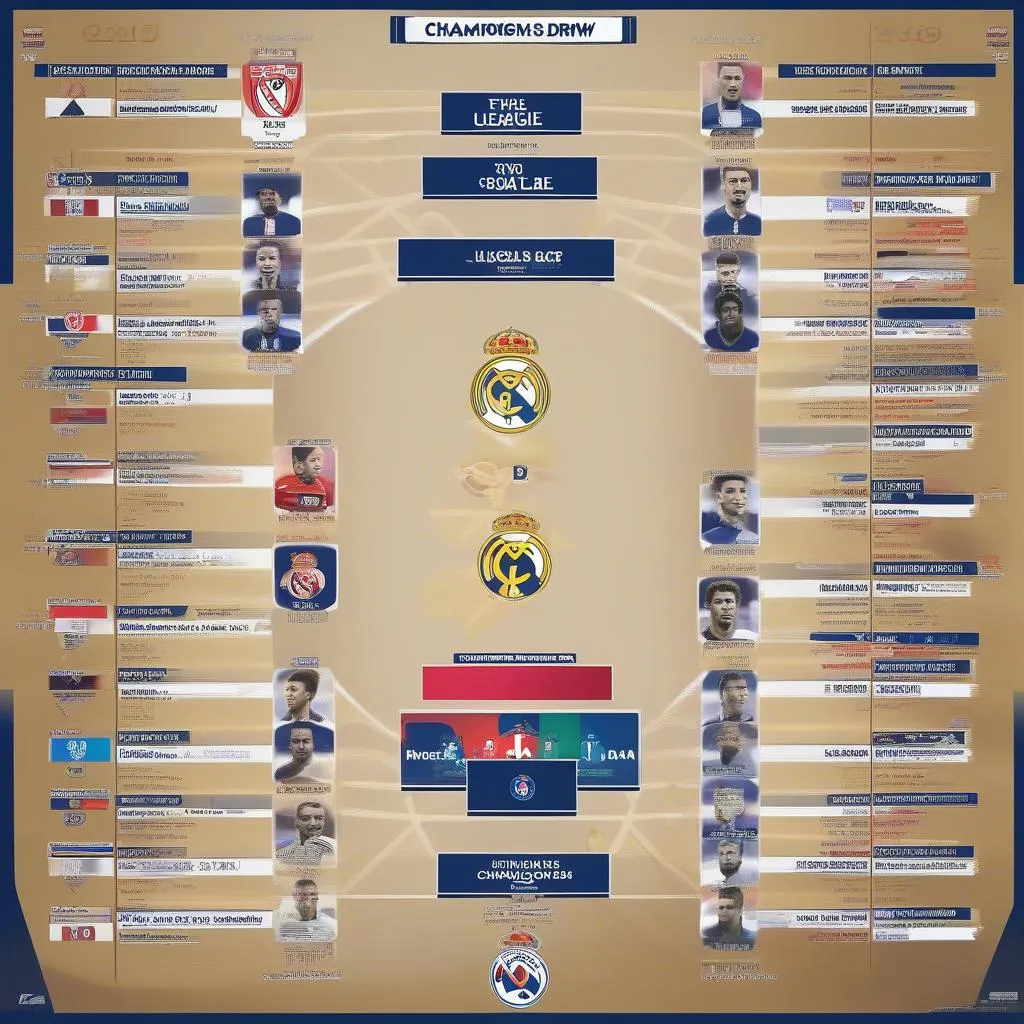 Hình ảnh bốc thăm vòng bảng Champions League mùa giải 2019/2020, với hình ảnh của Real Madrid và PSG