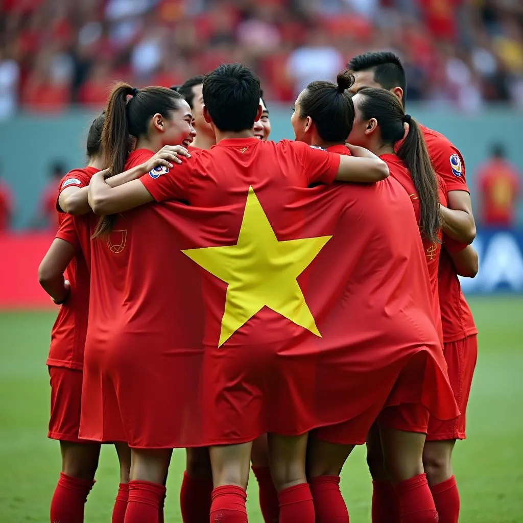 Vietnamese players celebrating a victory with the Vietnamese flag