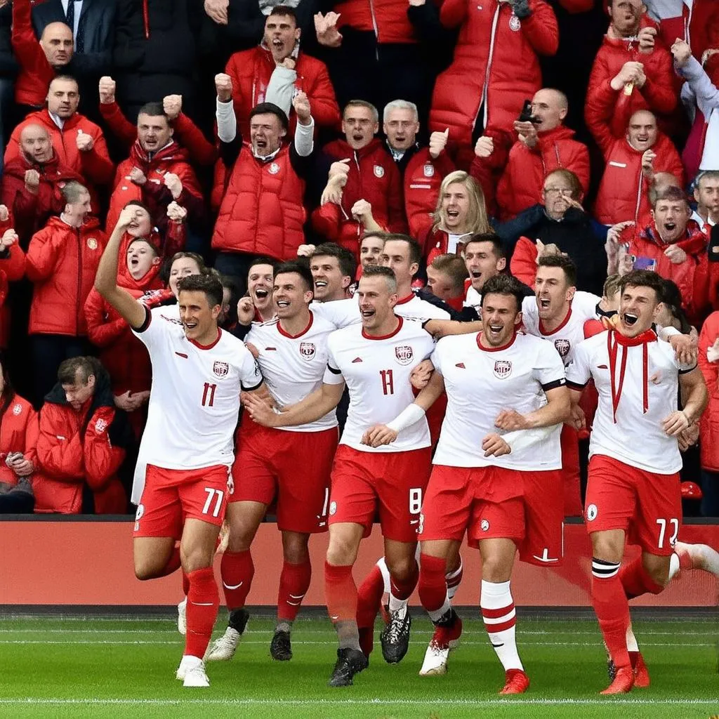 Austrian footballers celebrating a goal with fans