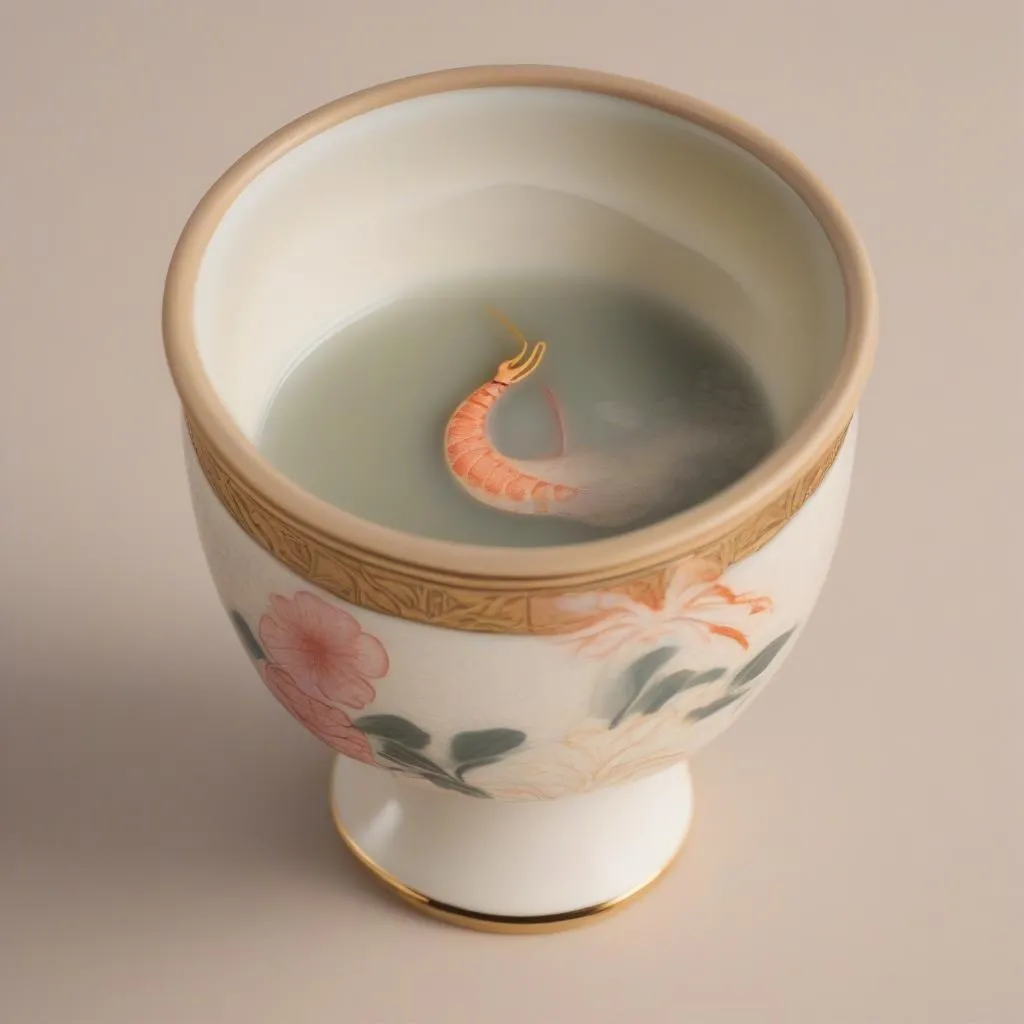 Chawanmushi Cups: A close-up shot of a Chawanmushi cup with a beautiful design. The cup is filled with a golden Chawanmushi, with a delicate piece of shrimp on top. The image highlights the beauty and detail of the cup, as well as the deliciousness of the Chawanmushi.