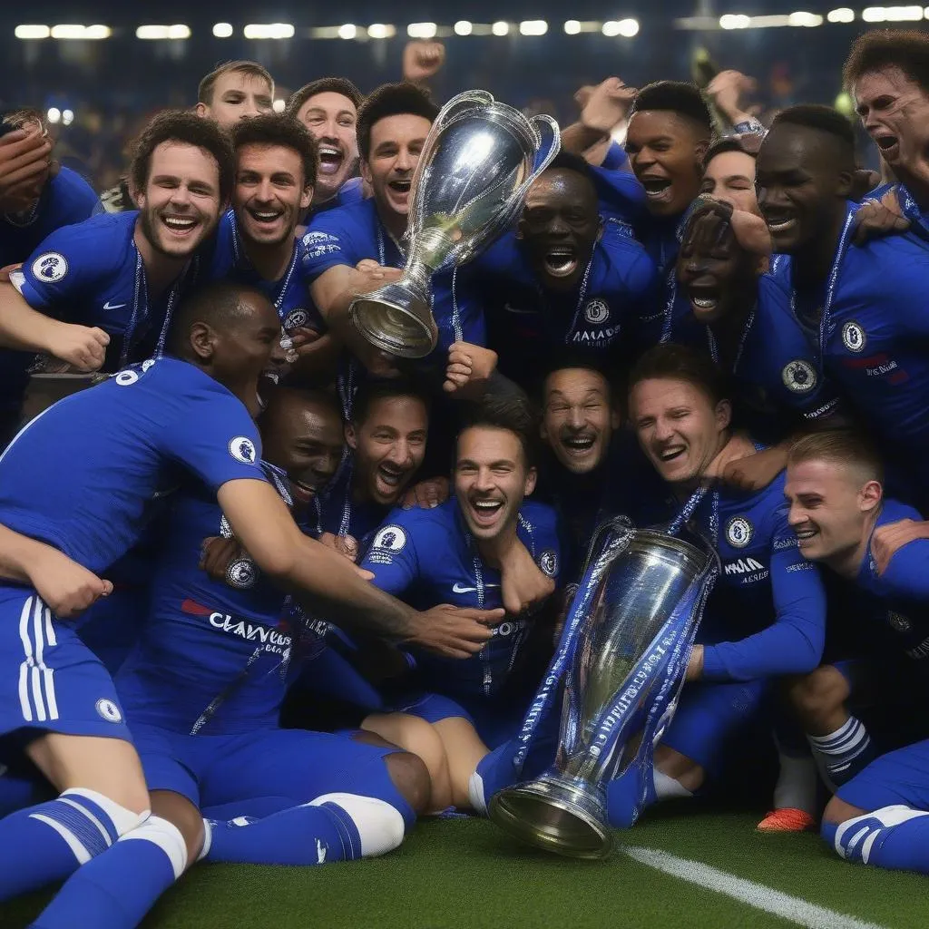 Chelsea 2016: Hành trình chinh phục Champions League, hình ảnh các cầu thủ Chelsea ăn mừng chiến thắng trong một trận đấu tại Champions League 2016