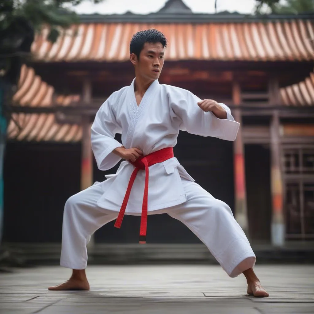 Hình ảnh về một võ sĩ Karate tại Huế đang thực hiện động tác tấn công