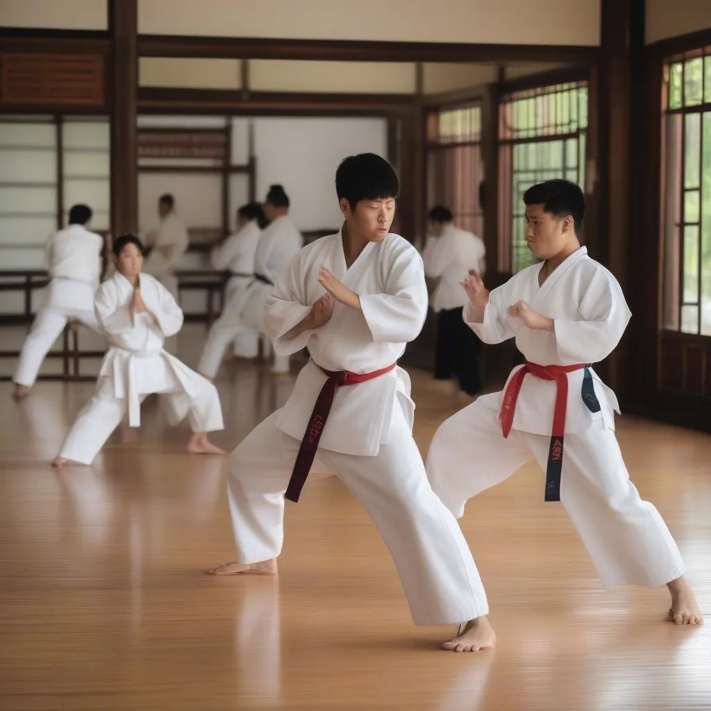 Hình ảnh về một nhóm học viên Karate tại Huế đang thực hiện động tác tập luyện