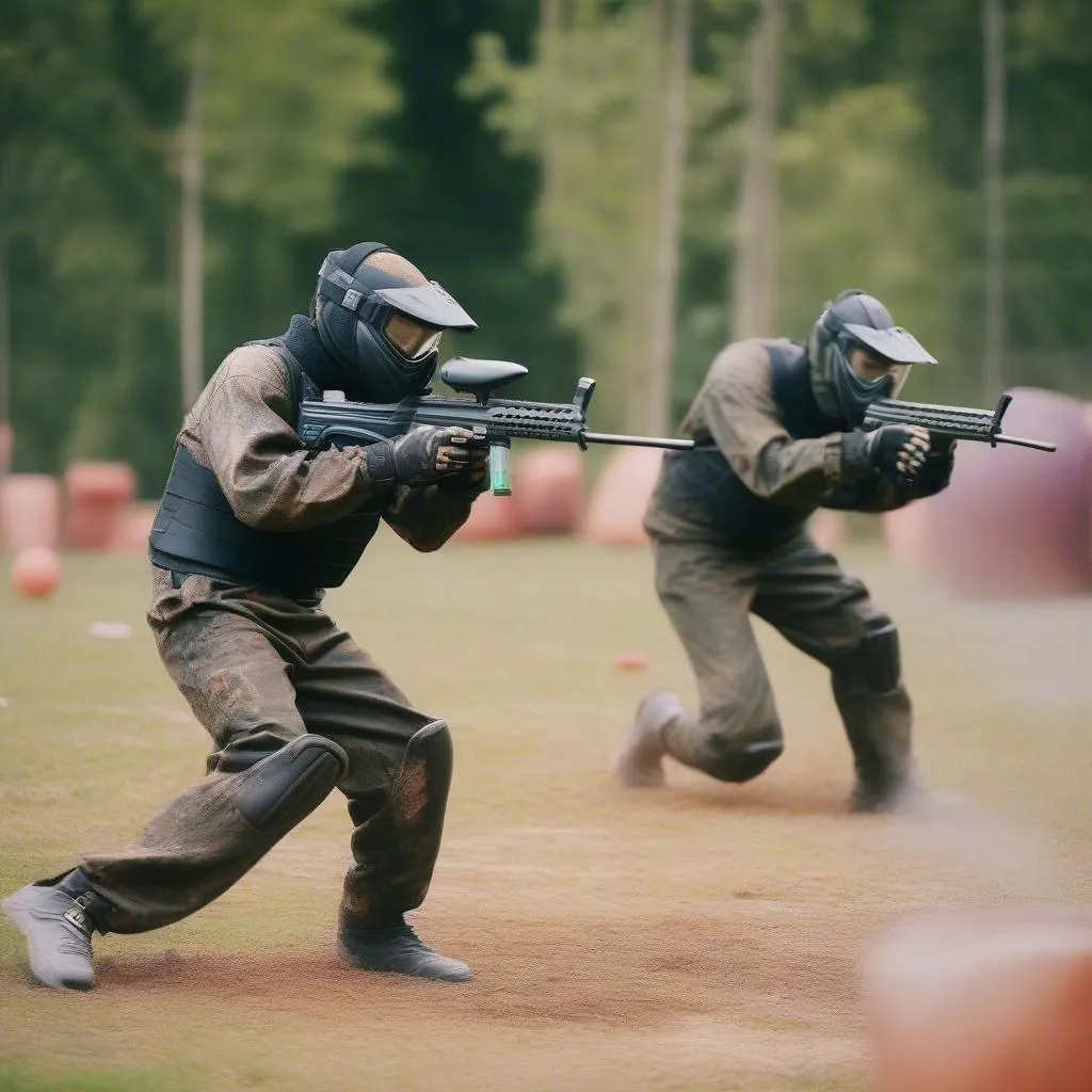 Một nhóm người chơi paintball đang chiến đấu trong một sân chơi rộng rãi, trang bị đầy đủ bảo hộ an toàn