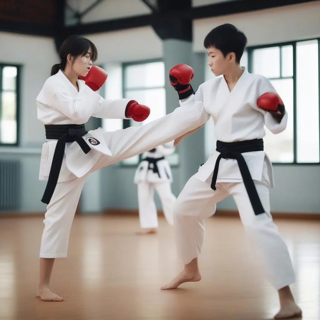 Học viên CLB Taekwondo Hồ Văn Huê Phú Nhuận tập luyện với đầy đủ trang bị