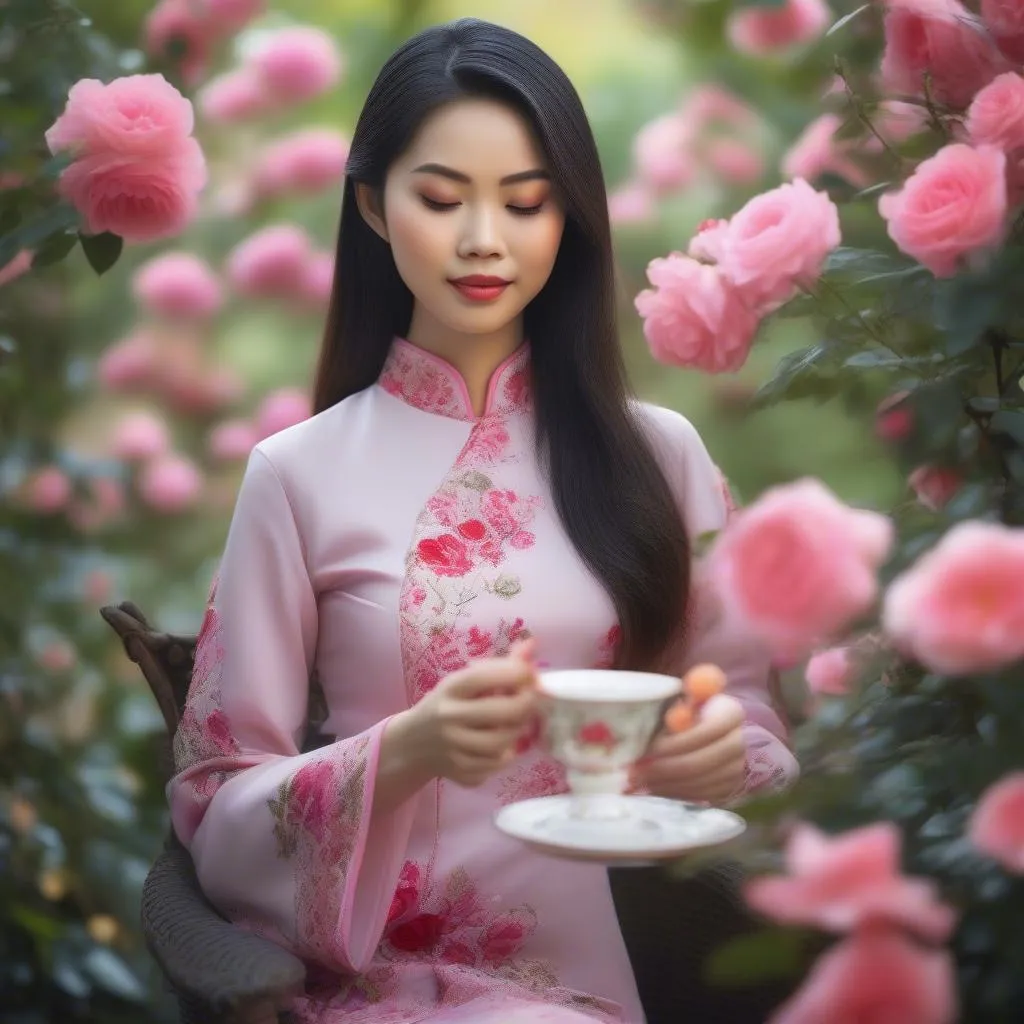 Vietnamese girl enjoying rose tea