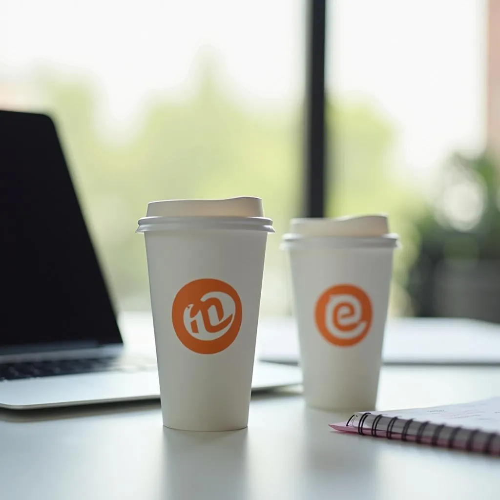 Branded paper cups with a company logo on a work desk