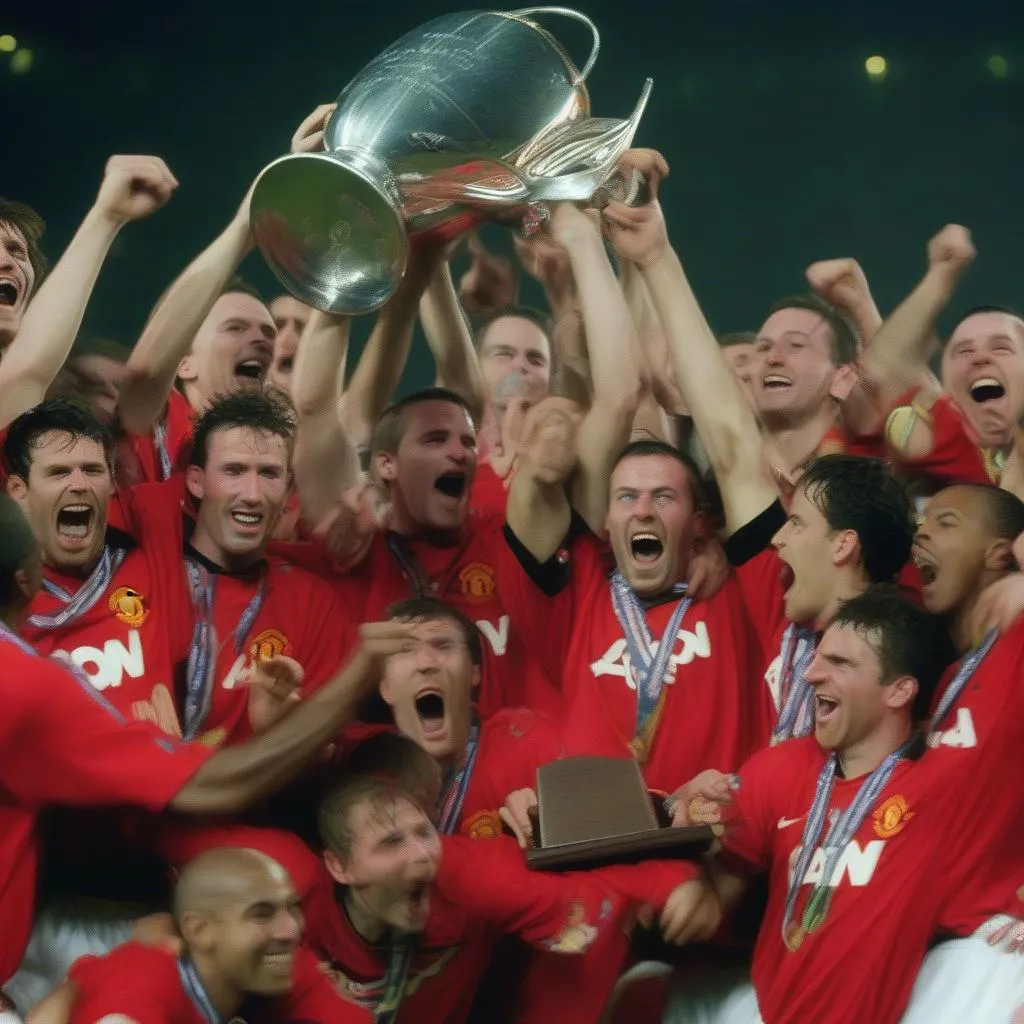 Hình ảnh Manchester United nâng cao chiếc cúp vô địch Cup C1 1999