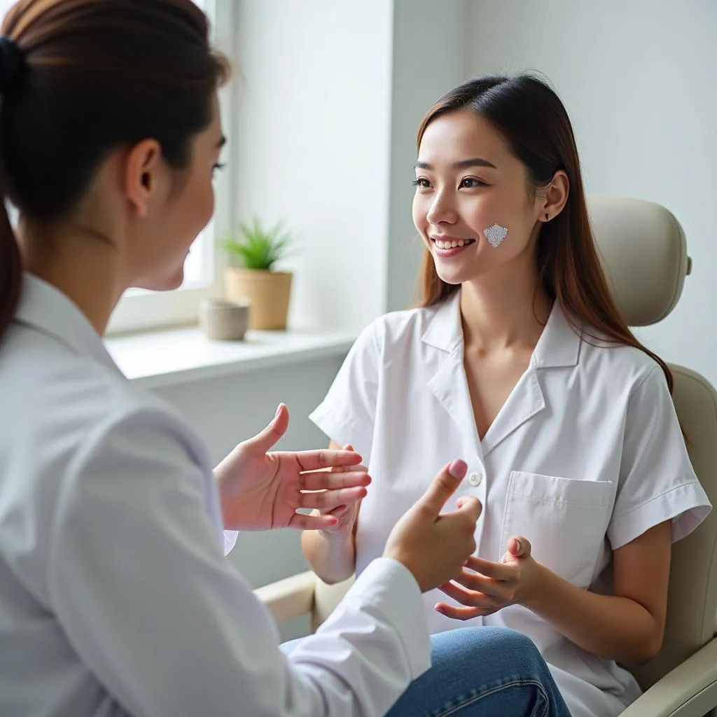 Dermatologist consulting with a patient about acne treatment options