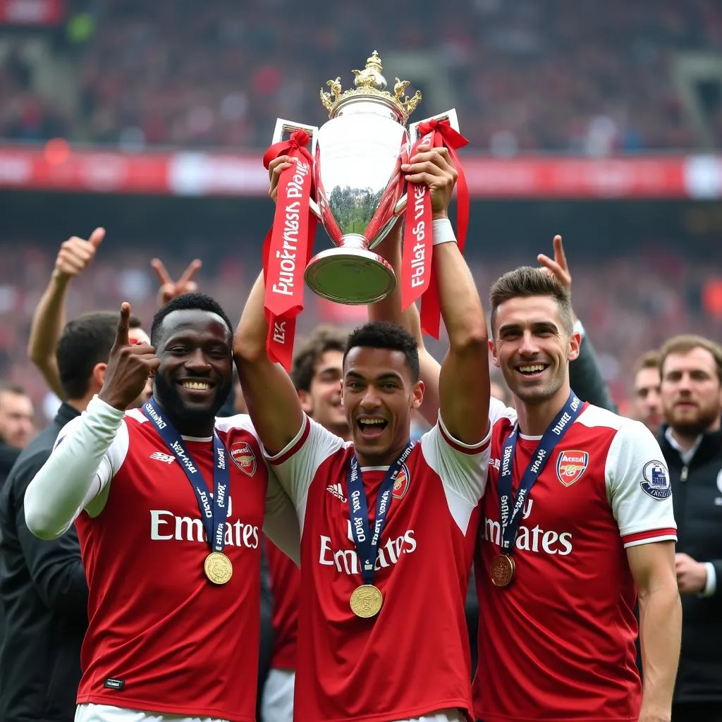 Arsenal players celebrating with the 2017 Emirates Cup trophy