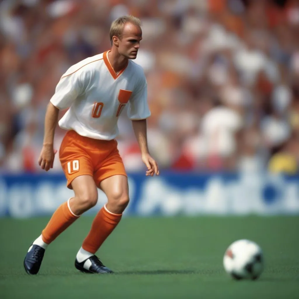 Dennis Bergkamp, một trong những cầu thủ tấn công vĩ đại nhất của Hà Lan, trong trận đấu World Cup 1998