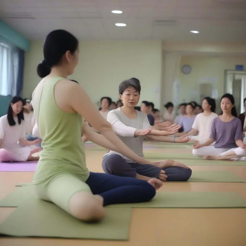 Hình ảnh huấn luyện viên yoga hướng dẫn học viên tại CLB Yoga Bệnh Viện Việt Mỹ Nam Định