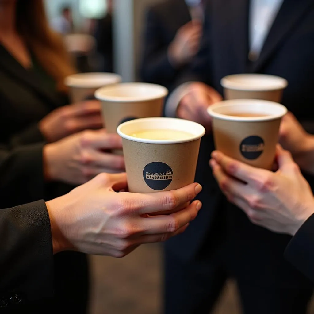 Elegant hands holding a party cup with a printed logo