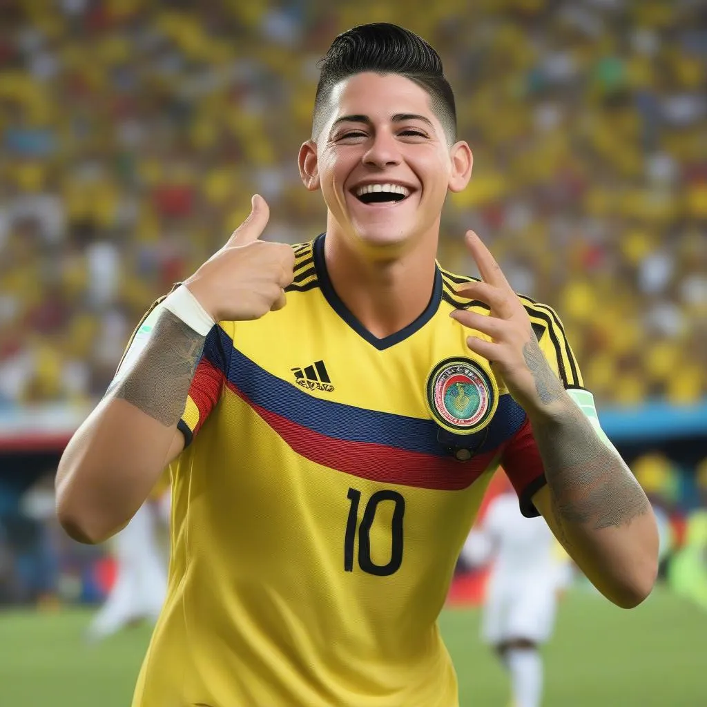 James Rodriguez, Vua phá lưới World Cup 2014, với nụ cười rạng rỡ sau khi ghi bàn