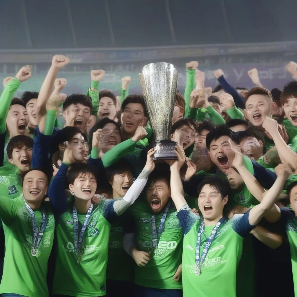 Jeonbuk Hyundai Motors celebrating victory with the trophy and fans