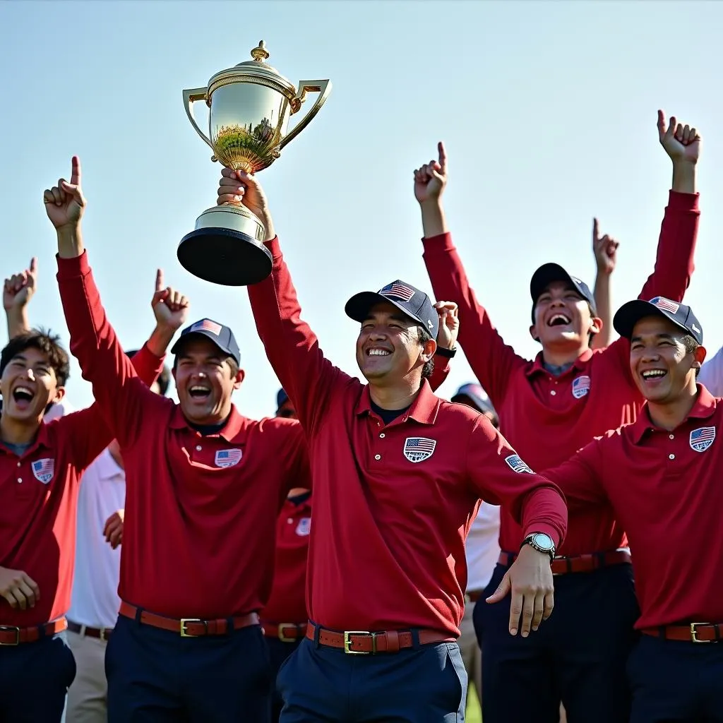 The USA Team celebrating a Presidents Cup victory