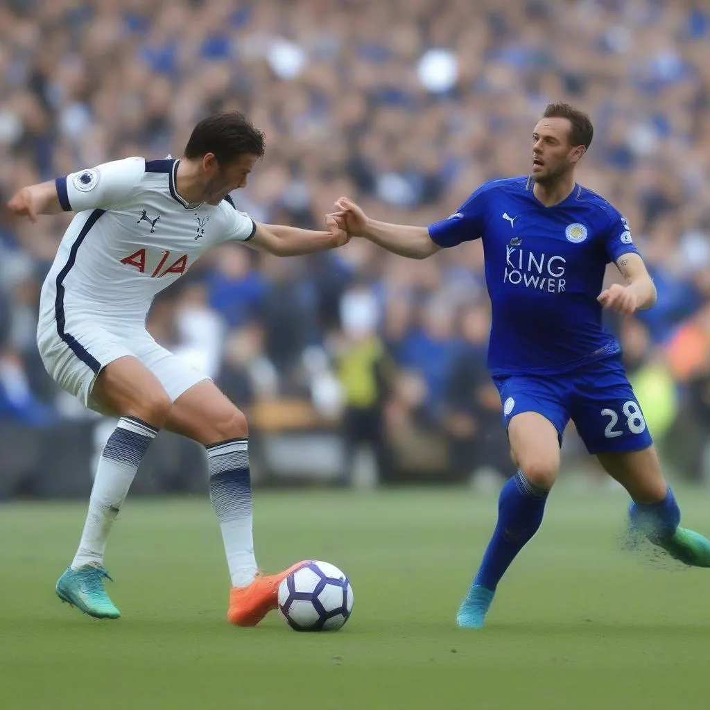 Hình ảnh hai đội bóng Leicester City và Tottenham đối đầu trên sân cỏ