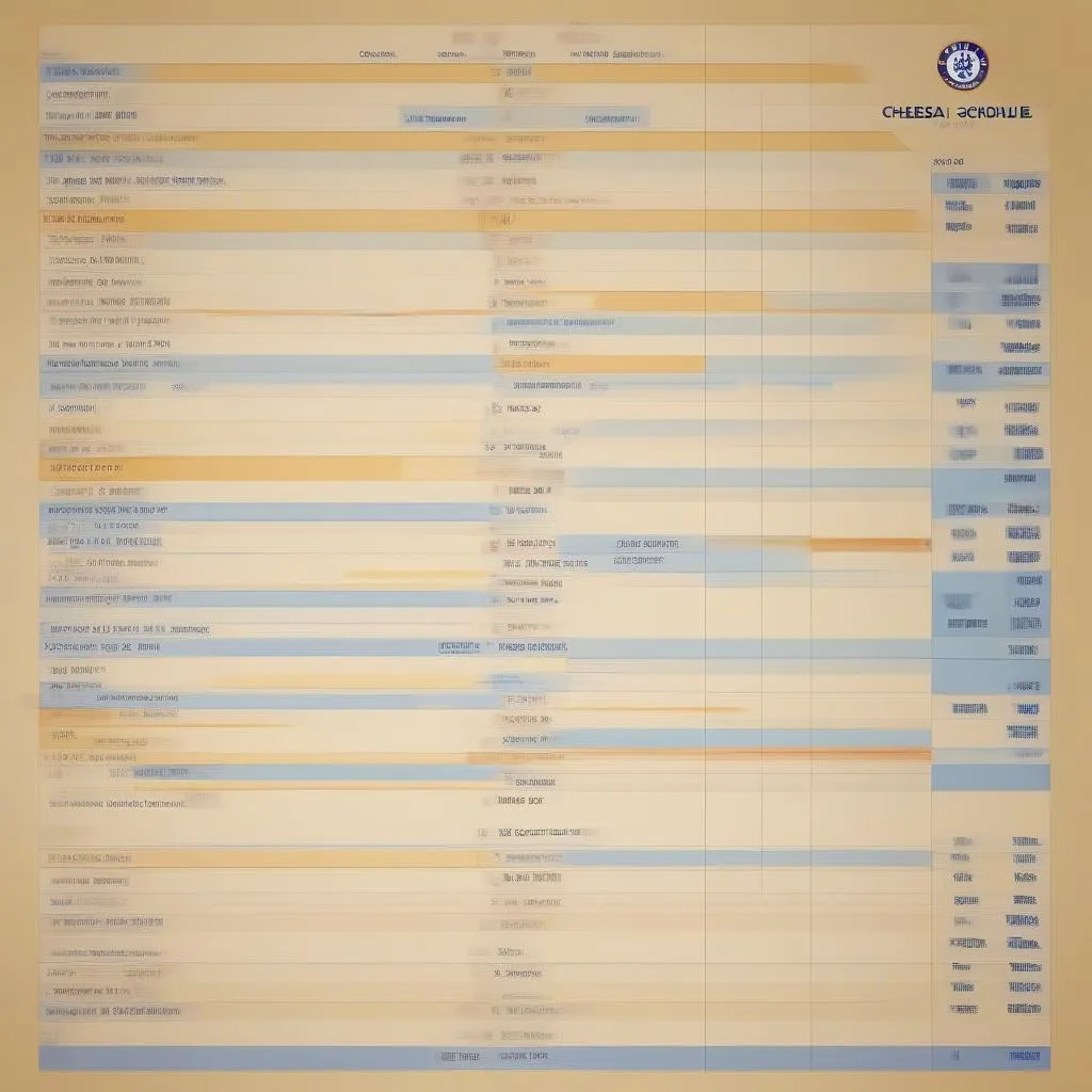 Hình ảnh về bảng lịch thi đấu của Chelsea, với ngày tháng, đối thủ, và giải đấu được ghi rõ ràng.