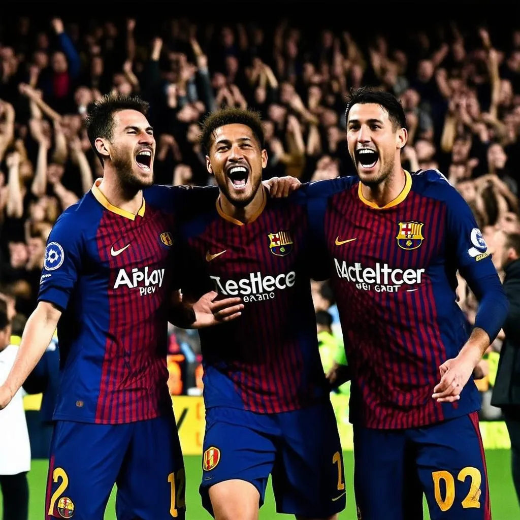 Messi, Neymar, Suarez ăn mừng bàn thắng