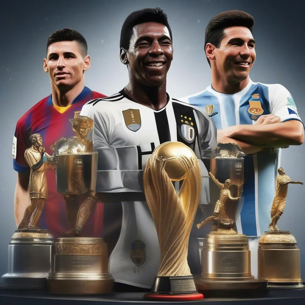 Hình ảnh về những huyền thoại bóng đá như Pelé, Maradona, Messi, Ronaldo.