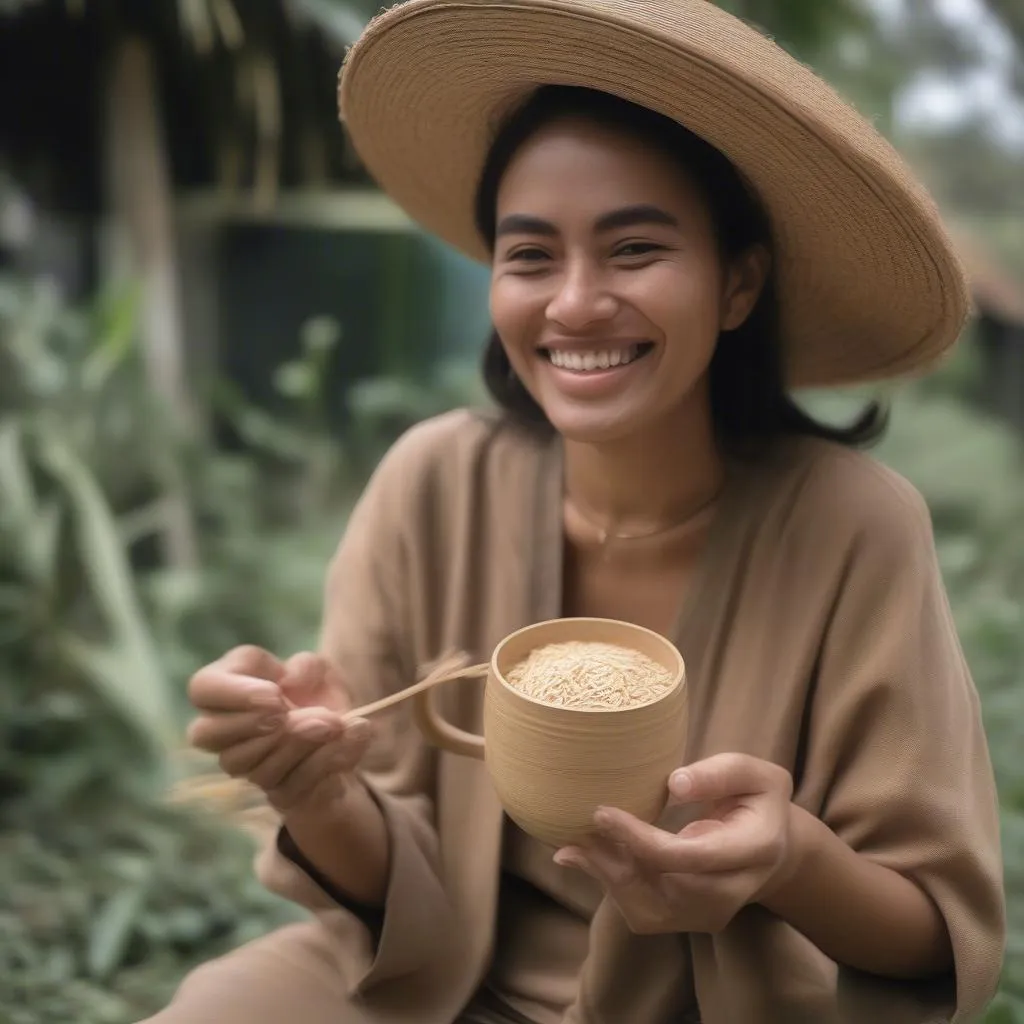 Người phụ nữ đang cầm chiếc ly gạo