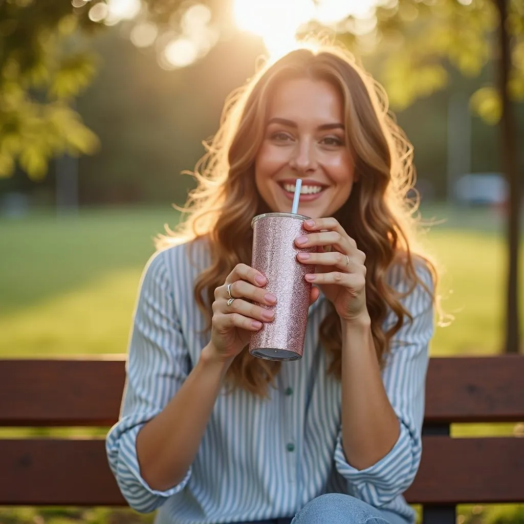 Woman Enjoying a Drink from a Glitter Tumbler Cup in the Park