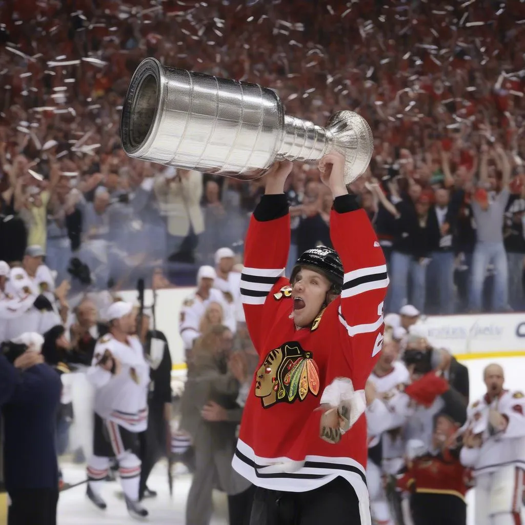 Patrick Kane, ngôi sao của Chicago Blackhawks, nâng cao chiếc cúp Stanley Cup 2010