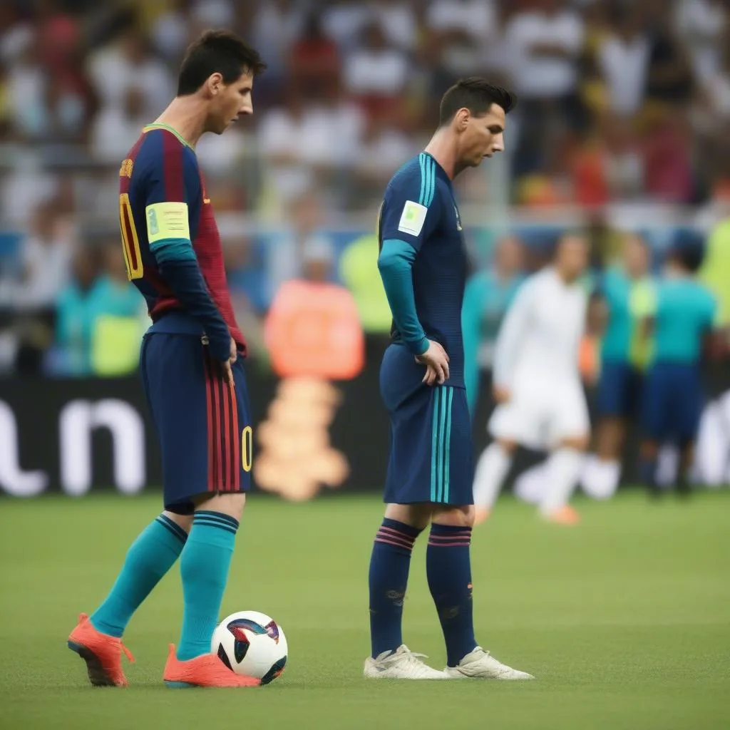 Hình ảnh Lionel Messi và Cristiano Ronaldo thi đấu penalty trong trận đấu World Cup