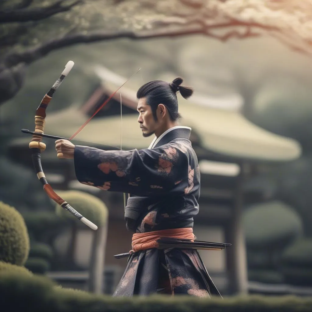 Hình ảnh một samurai Nhật Bản đang giương cung bắn tên