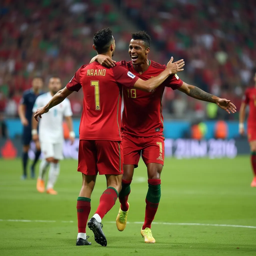 Ronaldo và Nani ăn mừng bàn thắng