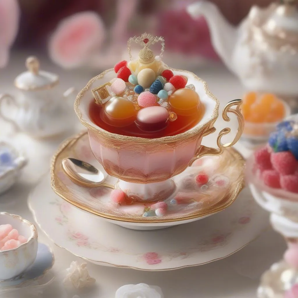 Royal Tea Cup: A cup of tea with a variety of toppings