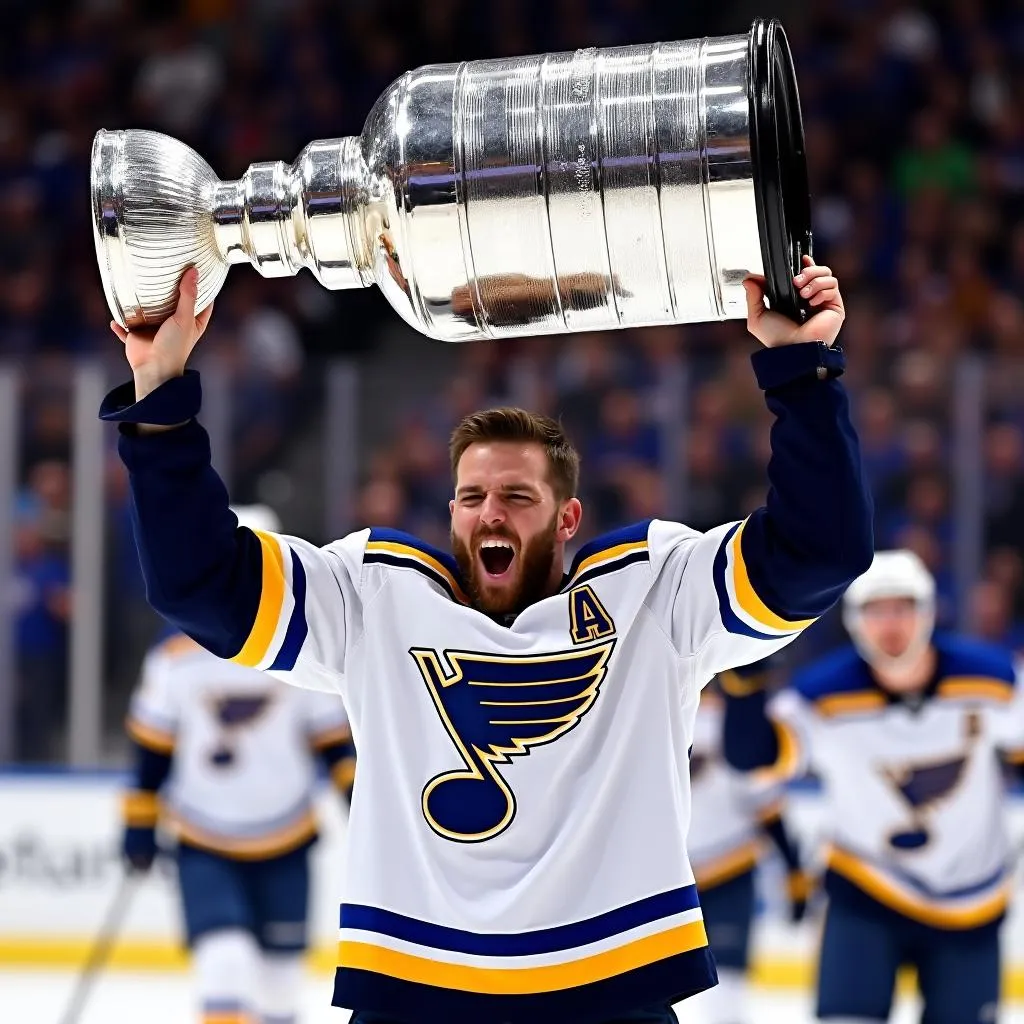 St. Louis Blues captain lifting the Stanley Cup