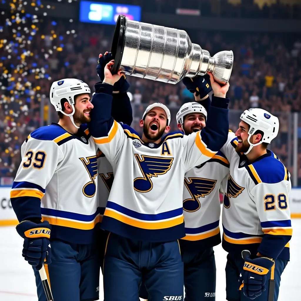 St. Louis Blues celebrating their Stanley Cup victory