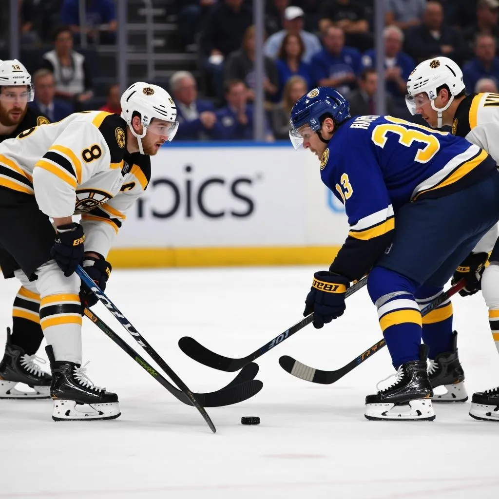 Intense face-off during Game 7 of the Stanley Cup Finals between the Blues and Bruins