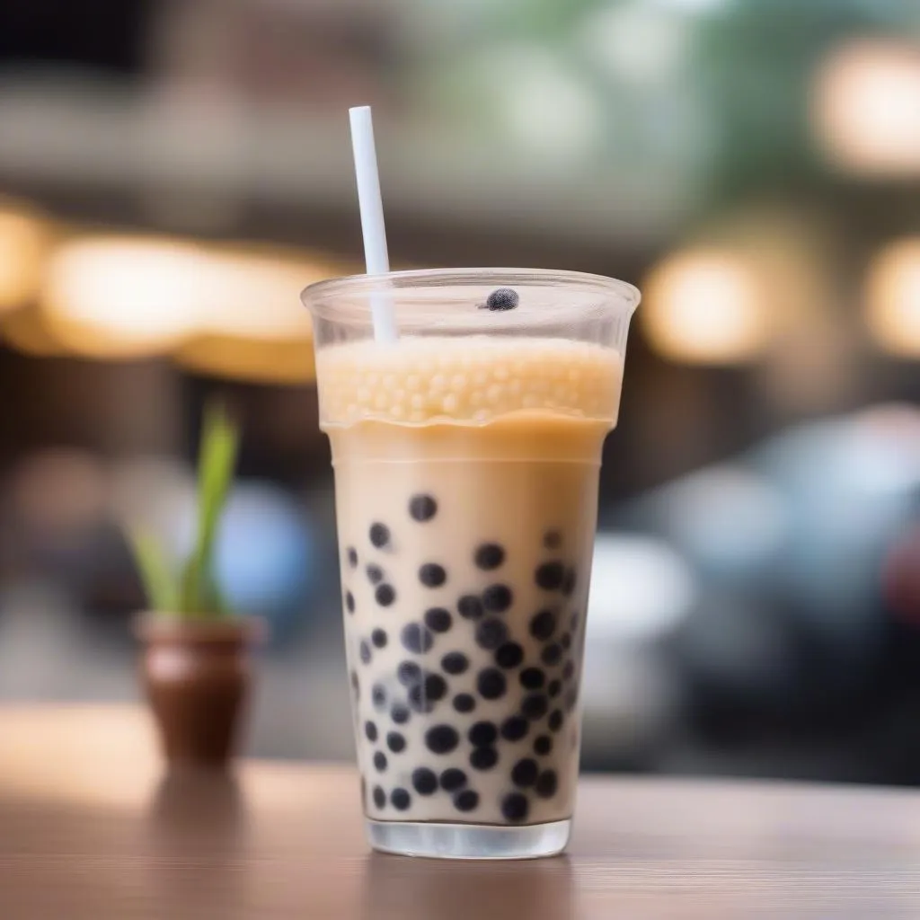 A cup of bubble tea with tapioca pearls