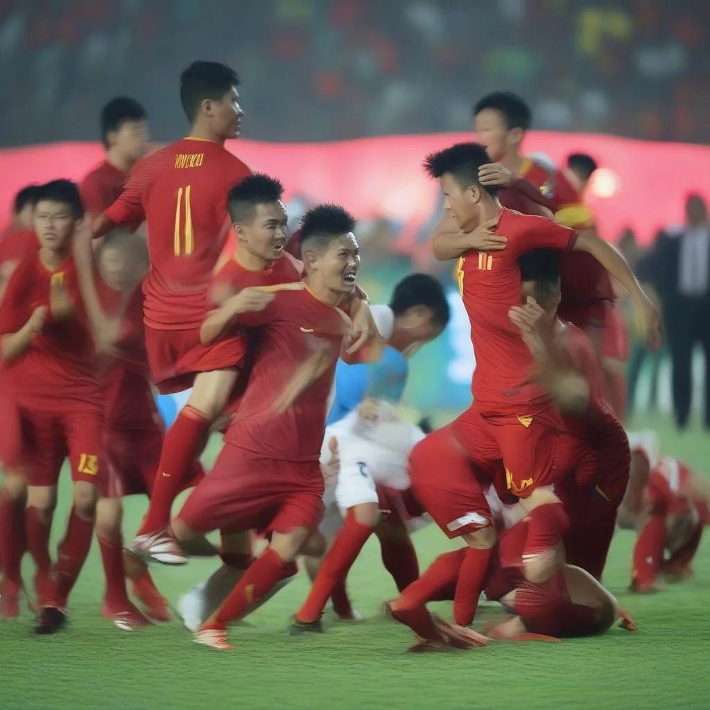 Hình ảnh trận chung kết lượt đi AFF Cup 2016 diễn ra trên sân Mỹ Đình, Hà Nội, với sự cổ vũ cuồng nhiệt của khán giả Việt Nam.