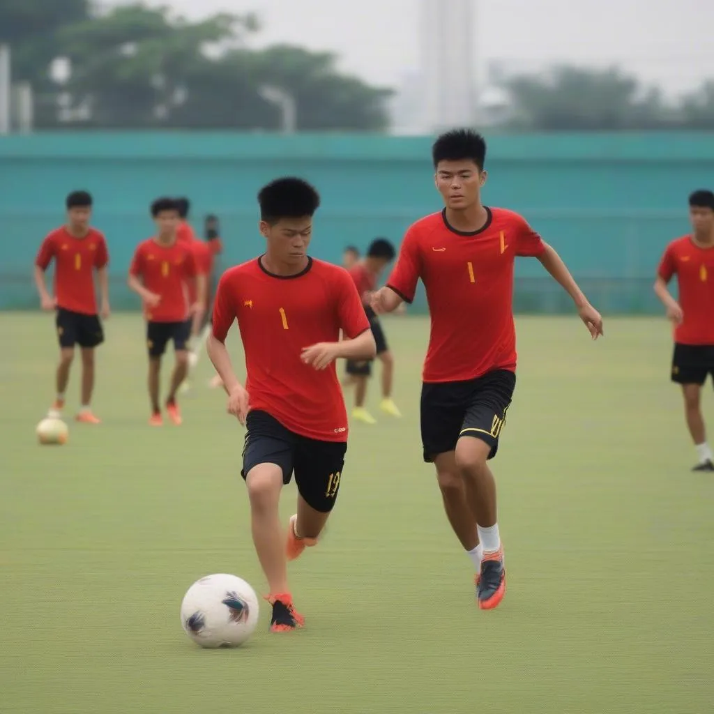 Các cầu thủ U19 Việt Nam tập luyện