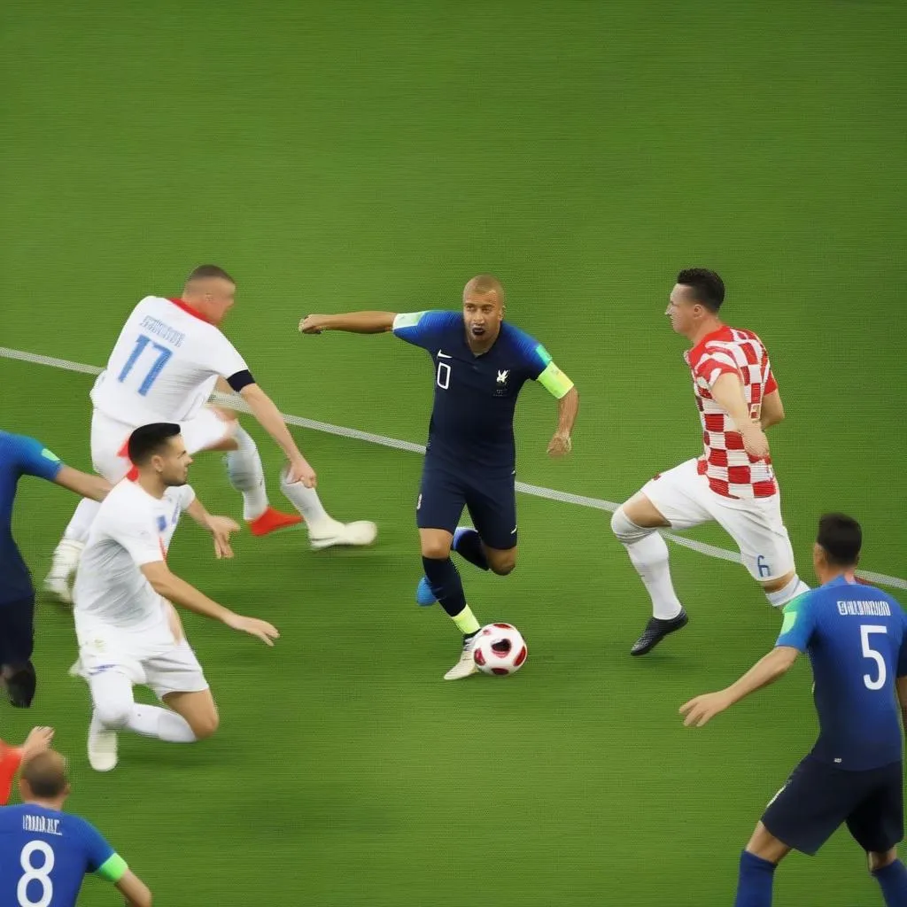 Hình ảnh trận chung kết World Cup 2018 giữa Pháp và Croatia, với các cầu thủ của cả hai đội đang thi đấu hết mình