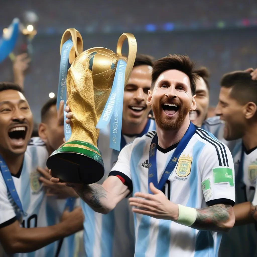 Lionel Messi holding the World Cup trophy