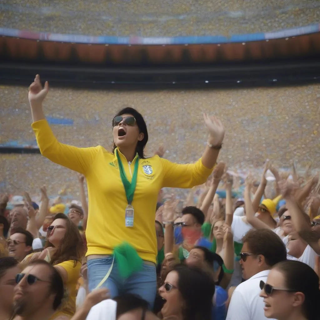 Cổ động viên đang nhảy múa, hát &quot;la la la&quot; trong một sân vận động World Cup