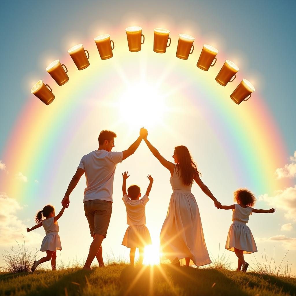 Family celebrating under a rainbow