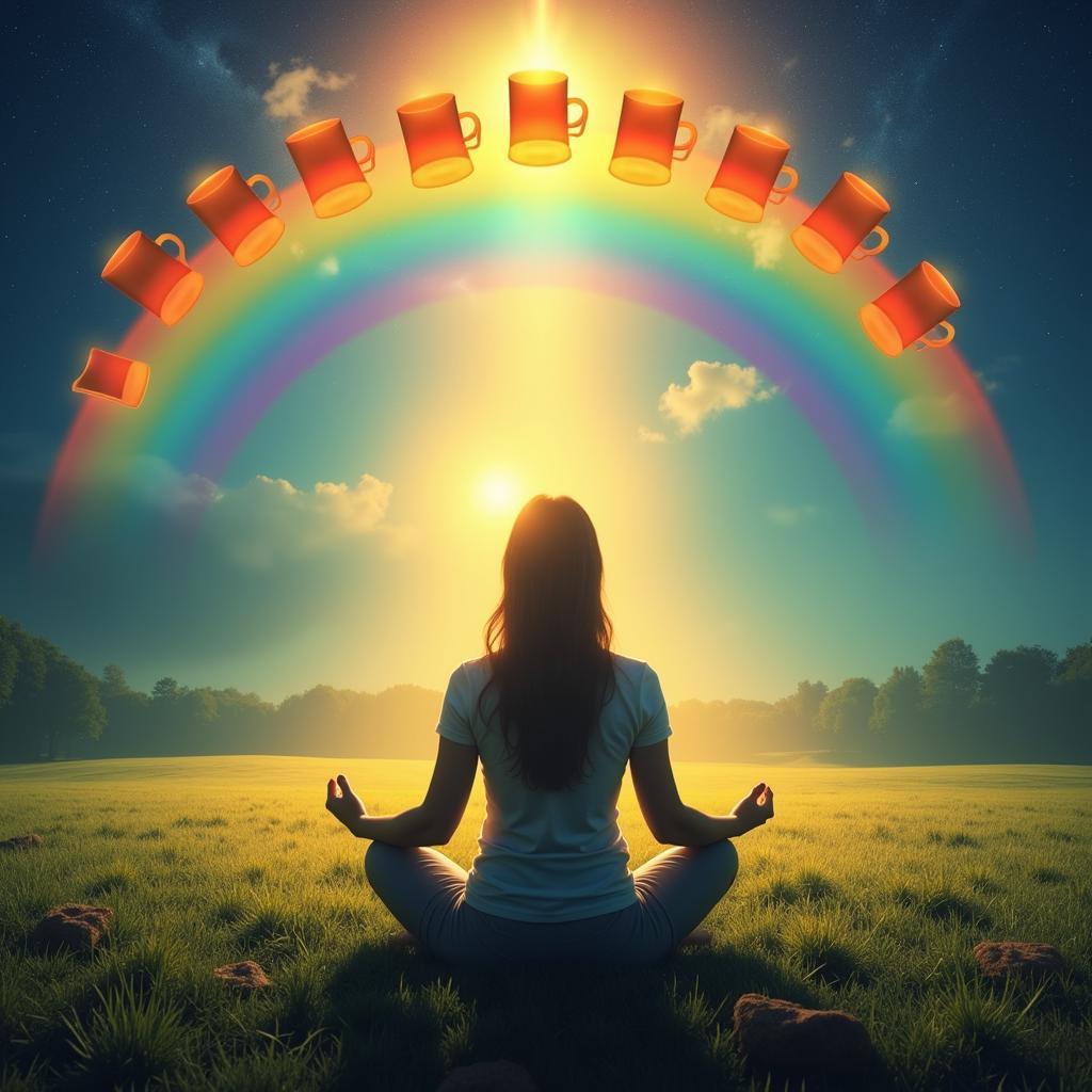 Person meditating under a vibrant rainbow