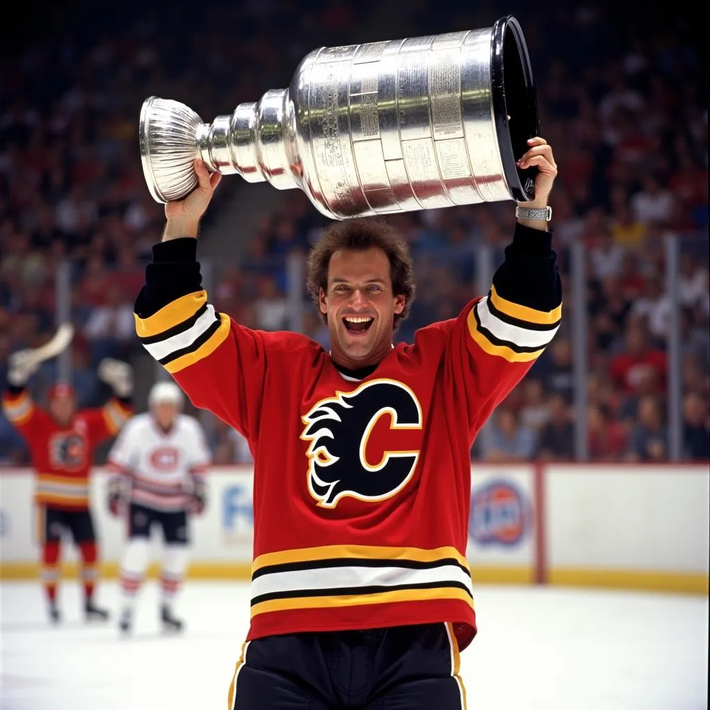 Al MacInnis celebrates with the Stanley Cup trophy