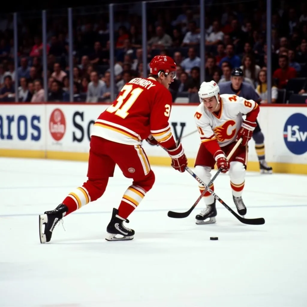 Joe Nieuwendyk scores a goal