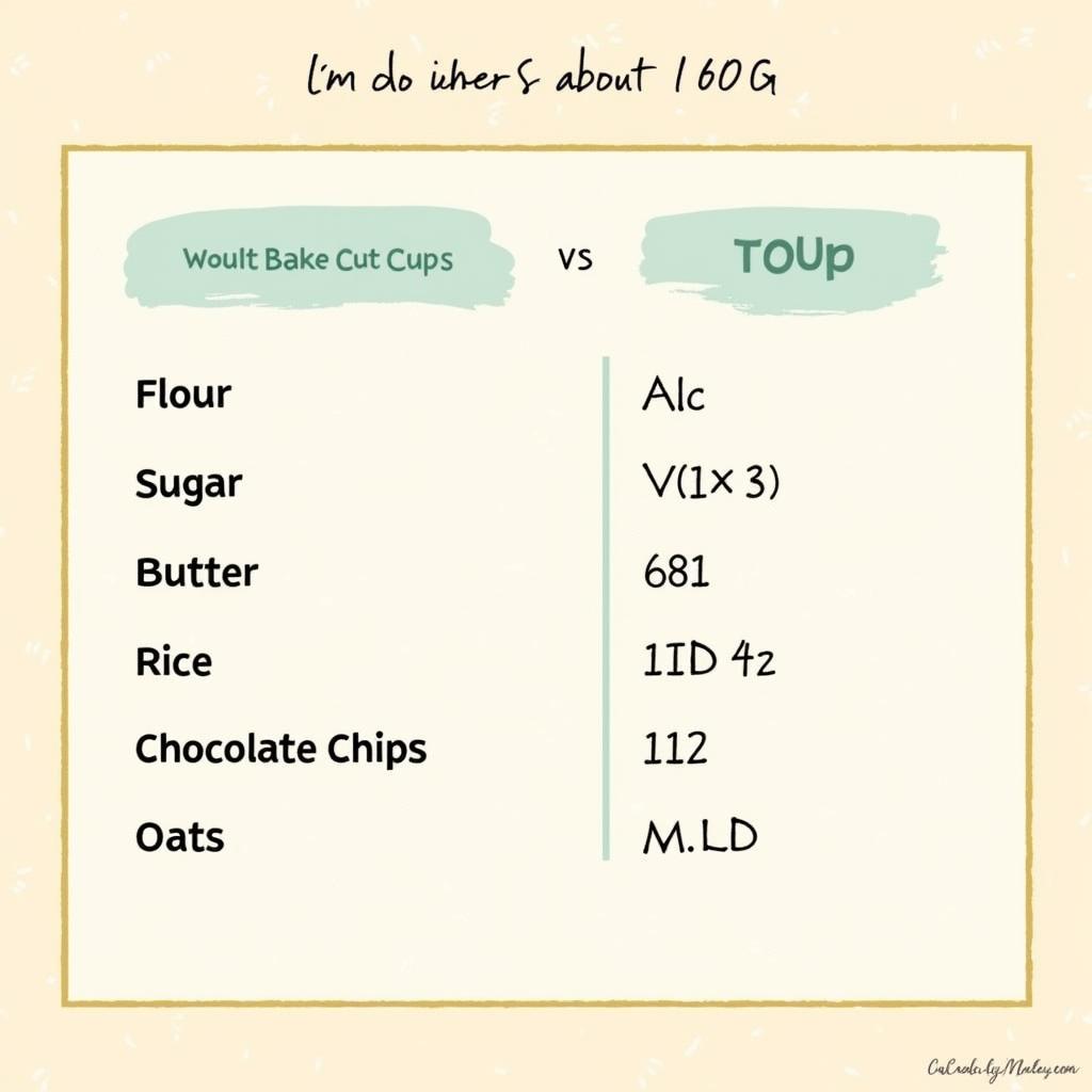 Conversion table for 100 grams to cups for various ingredients