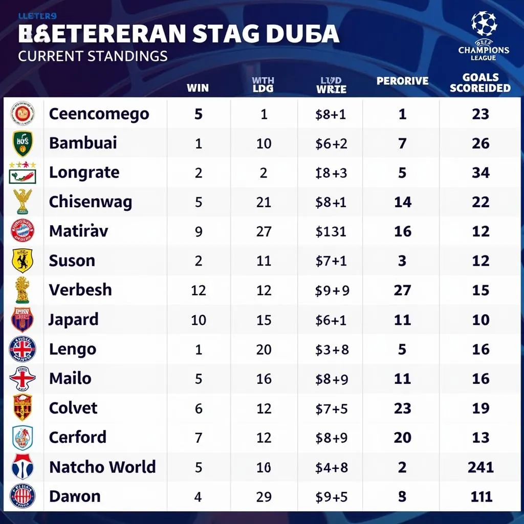 Bảng xếp hạng Champions League hiện tại