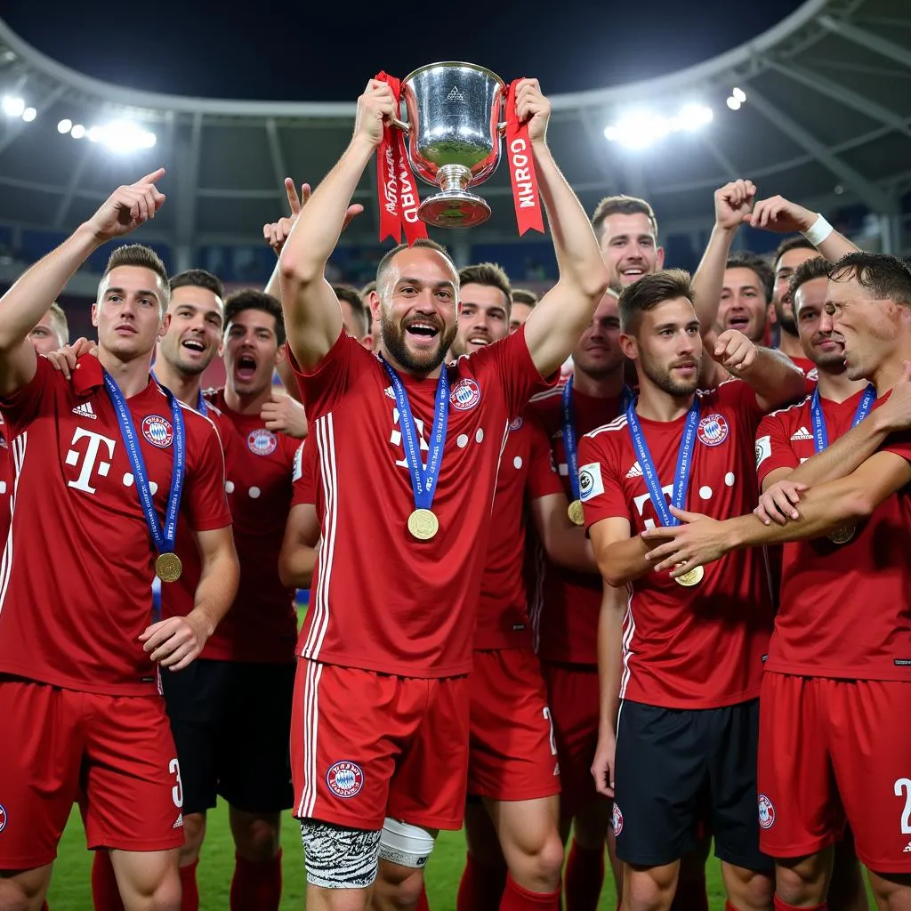 Cầu thủ Bayern Munich nâng cao chiếc cúp Siêu Cúp Quốc gia Đức