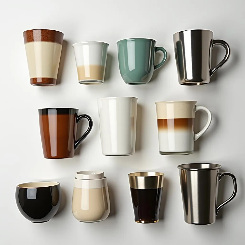 Various large latte cups made from ceramic, glass, and stainless steel